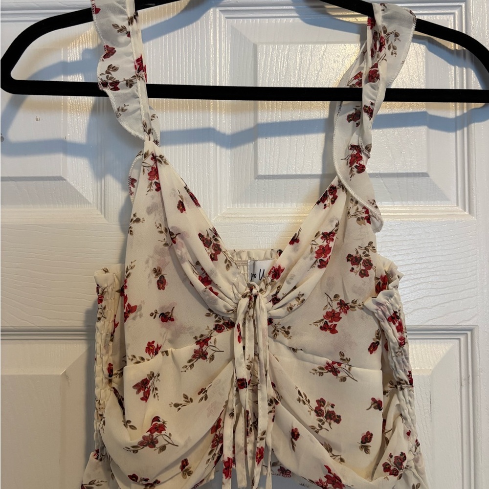 Princess Polly Cream Floral Tie-Front Camisole with Red Print